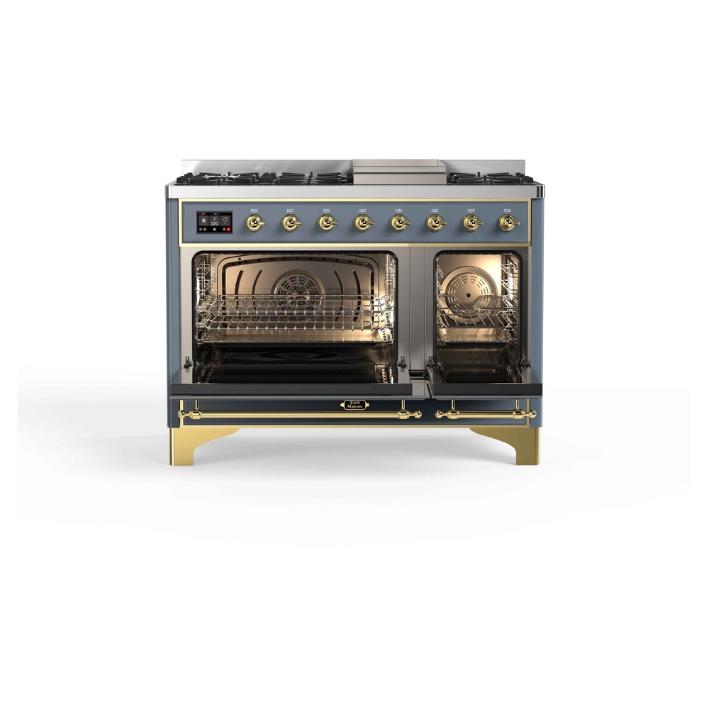 Majestic II Series 48 inch Freestanding Dual Fuel Range with Natural Gas, 8 Sealed Brass Burners, Double Ovens, 5.02 cu. ft. Total Oven Capacity, Griddle, Convection Oven, Continuous Grates, UM12FDNS3BGG