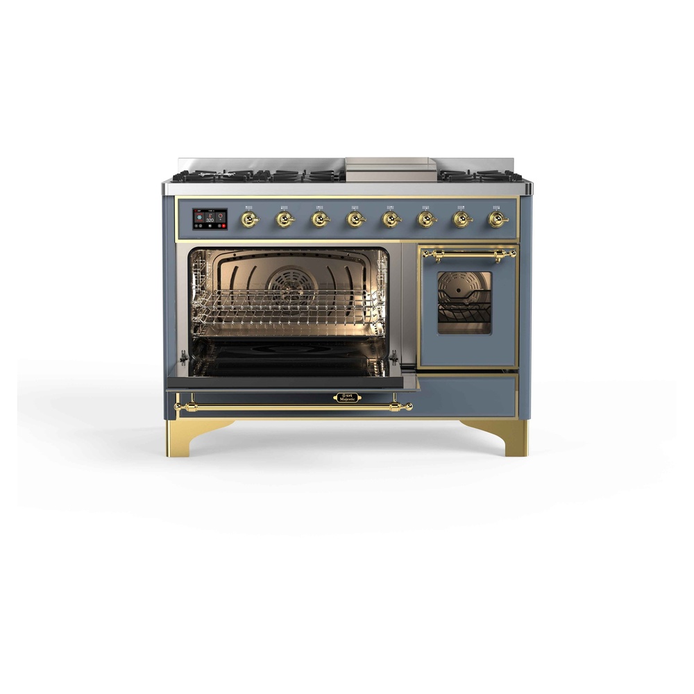 Majestic II Series 48 inch Freestanding Dual Fuel Range with Natural Gas, 8 Sealed Brass Burners, Double Ovens, 5.02 cu. ft. Total Oven Capacity, Griddle, Convection Oven, Continuous Grates, UM12FDNS3BGG