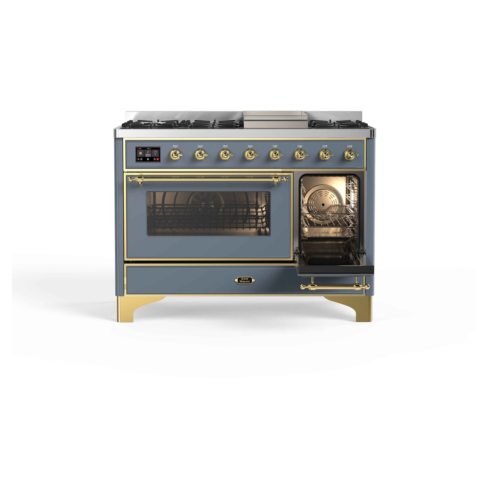Majestic II Series 48 inch Freestanding Dual Fuel Range with Natural Gas, 8 Sealed Brass Burners, Double Ovens, 5.02 cu. ft. Total Oven Capacity, Griddle, Convection Oven, Continuous Grates, UM12FDNS3BGG