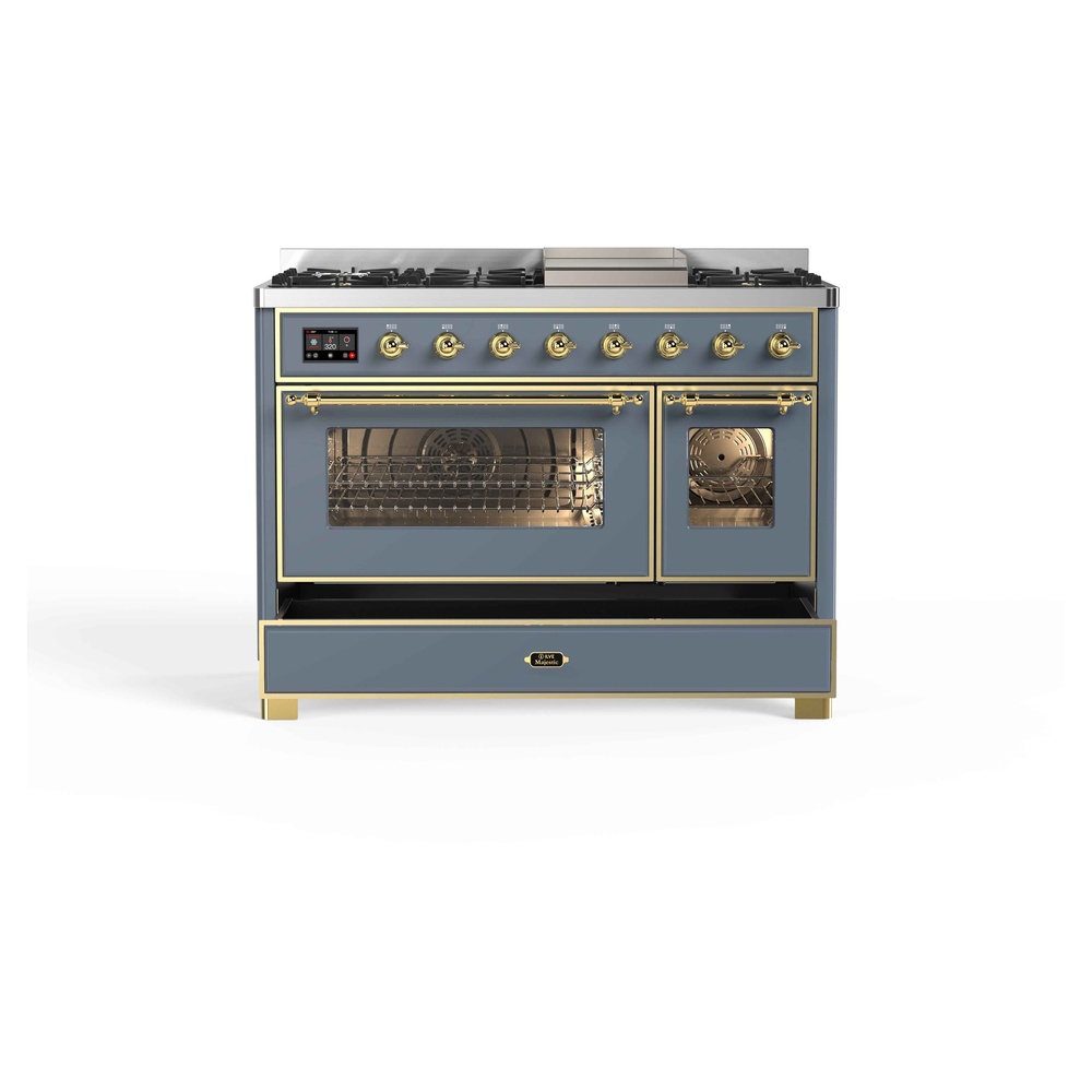 Majestic II Series 48 inch Freestanding Dual Fuel Range with Natural Gas, 8 Sealed Brass Burners, Double Ovens, 5.02 cu. ft. Total Oven Capacity, Griddle, Convection Oven, Continuous Grates, UM12FDNS3BGG