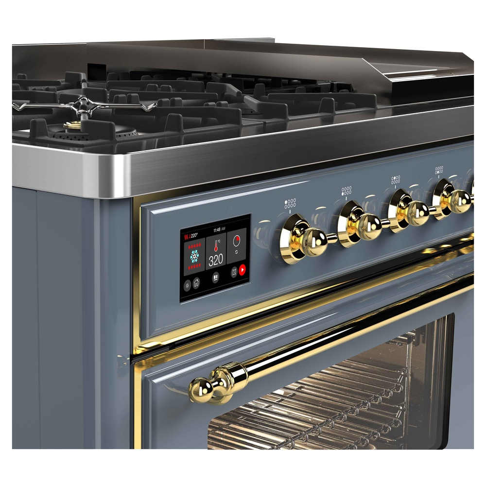 Majestic II Series 48 inch Freestanding Dual Fuel Range with Natural Gas, 8 Sealed Brass Burners, Double Ovens, 5.02 cu. ft. Total Oven Capacity, Griddle, Convection Oven, Continuous Grates, UM12FDNS3BGG