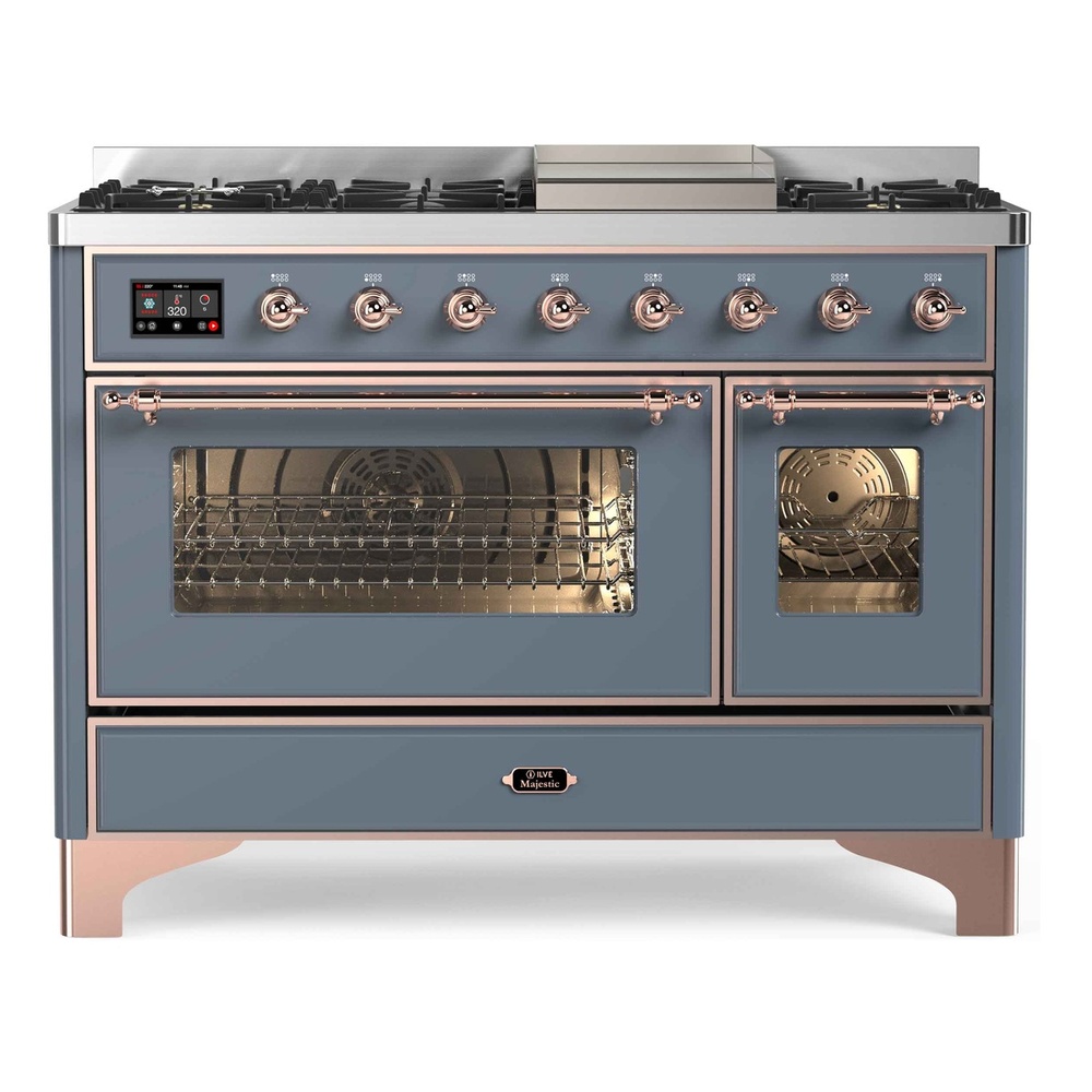 Majestic II Series 48 inch Freestanding Dual Fuel Range with Natural Gas, 8 Sealed Brass Burners, Double Ovens, 5.02 cu. ft. Total Oven Capacity, Griddle, Convection Oven, Continuous Grates, UM12FDNS3BGP