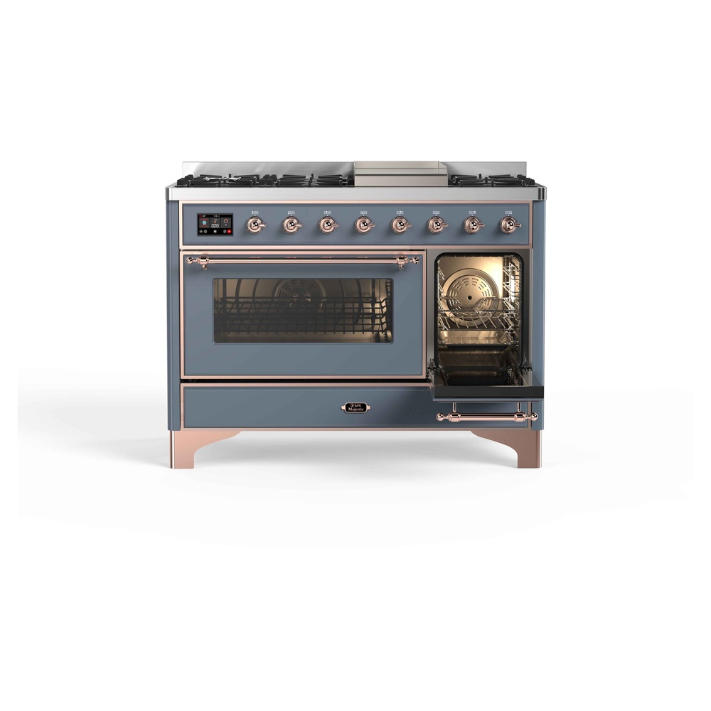 Majestic II Series 48 inch Freestanding Dual Fuel Range with Natural Gas, 8 Sealed Brass Burners, Double Ovens, 5.02 cu. ft. Total Oven Capacity, Griddle, Convection Oven, Continuous Grates, UM12FDNS3BGP