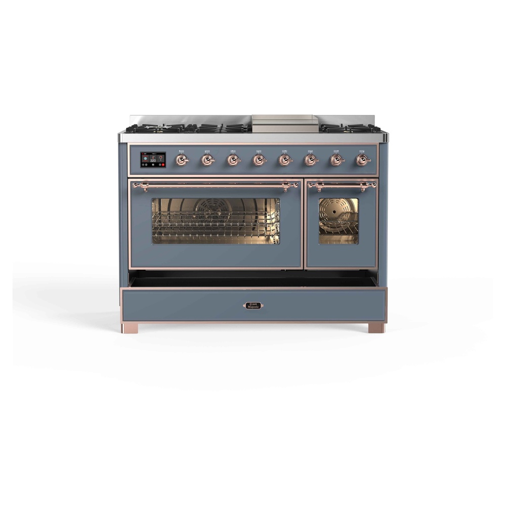 Majestic II Series 48 inch Freestanding Dual Fuel Range with Natural Gas, 8 Sealed Brass Burners, Double Ovens, 5.02 cu. ft. Total Oven Capacity, Griddle, Convection Oven, Continuous Grates, UM12FDNS3BGP
