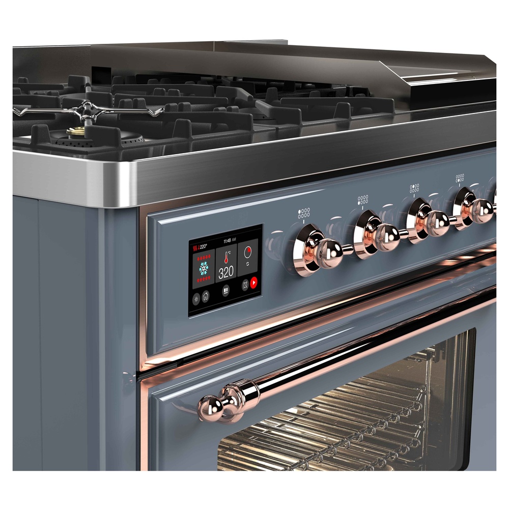 Majestic II Series 48 inch Freestanding Dual Fuel Range with Natural Gas, 8 Sealed Brass Burners, Double Ovens, 5.02 cu. ft. Total Oven Capacity, Griddle, Convection Oven, Continuous Grates, UM12FDNS3BGP