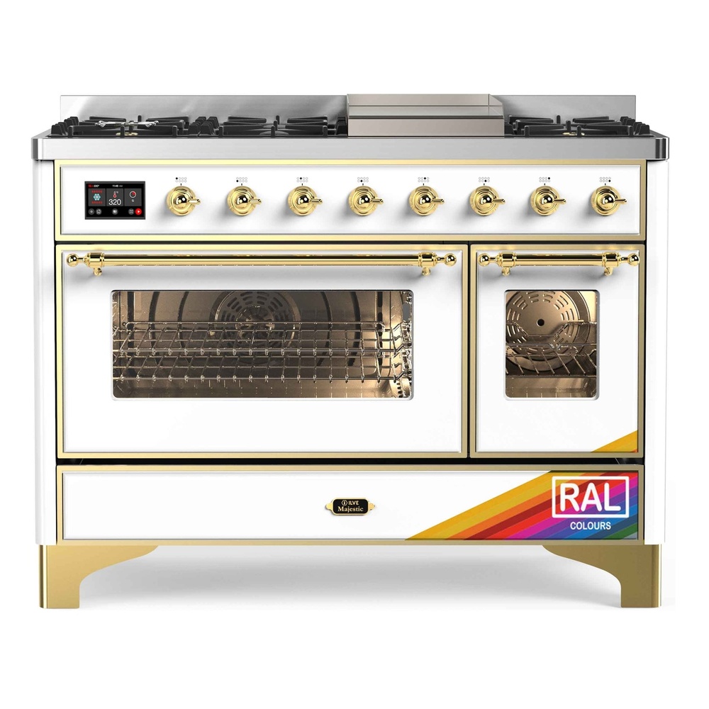 Majestic II 48 UM12FDNS3RAG Freestanding Dual Fuel Range with 8 Sealed Burners with Griddle Double Oven with Triple Glass Door with Brass knobs UM12FDNS3RAG