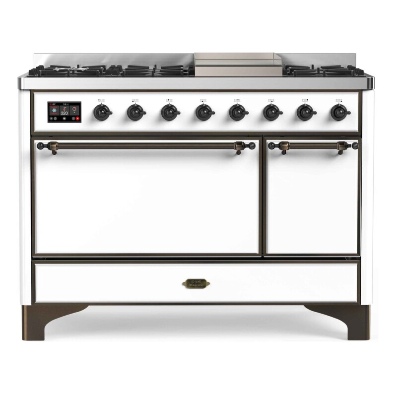 Majestic II Series 48 inch Freestanding Dual Fuel Range with Natural Gas, 8 Sealed Brass Burners, Double Ovens, 5.02 cu. ft. Total Oven Capacity, Griddle, Convection Oven, Continuous Grates, UM12FDQNS3WHB