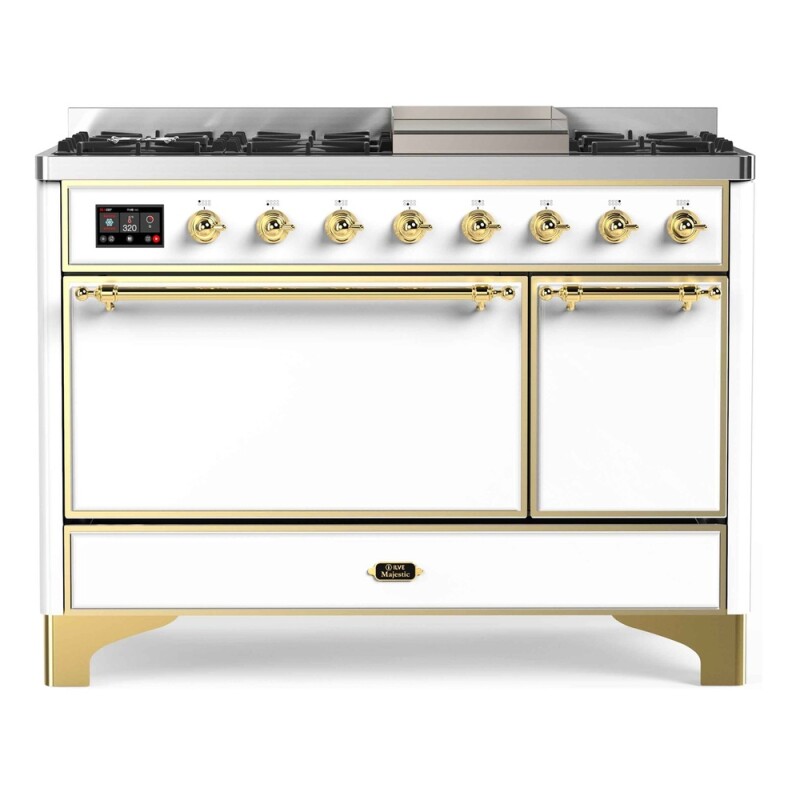 Majestic II Series 48 inch Freestanding Dual Fuel Range with Natural Gas, 8 Sealed Brass Burners, Double Ovens, 5.02 cu. ft. Total Oven Capacity, Griddle, Convection Oven, Continuous Grates, UM12FDQNS3WHG