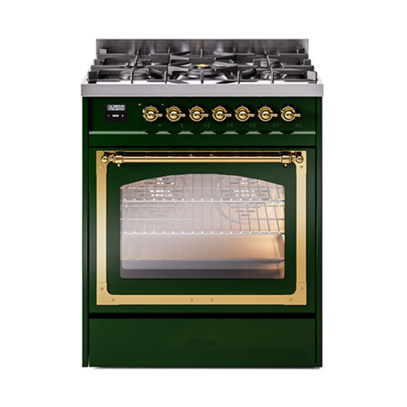 Nostalgie II Noblesse 30″ Dual Fuel Range  (Natural Gas, Triple Glass Door, Emerald Green, Brass) UN30NMPEGG