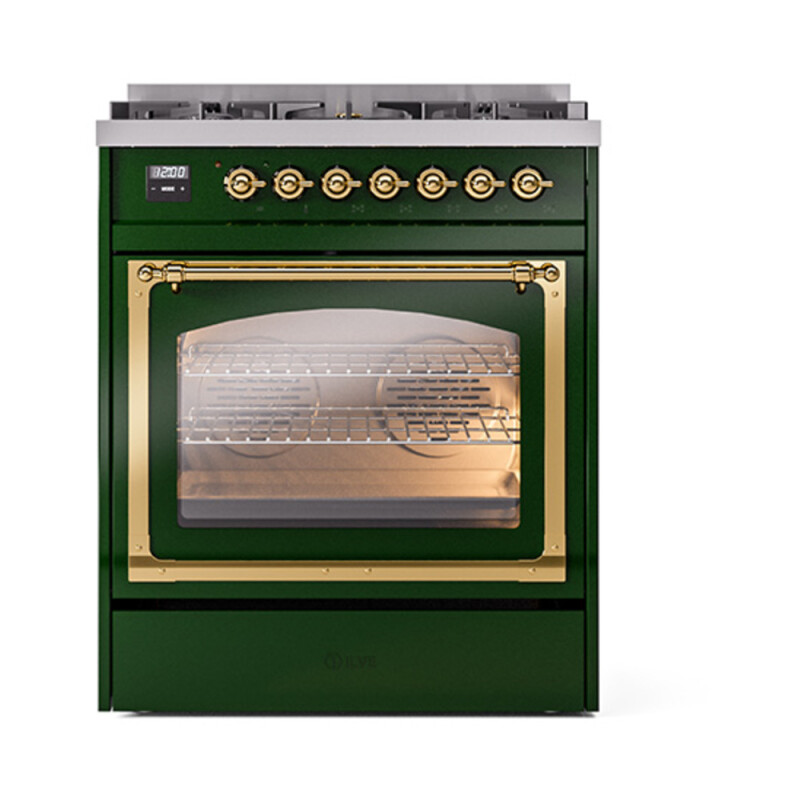 Nostalgie II Noblesse 30″ Dual Fuel Range  (Natural Gas, Triple Glass Door, Emerald Green, Brass) UN30NMPEGG