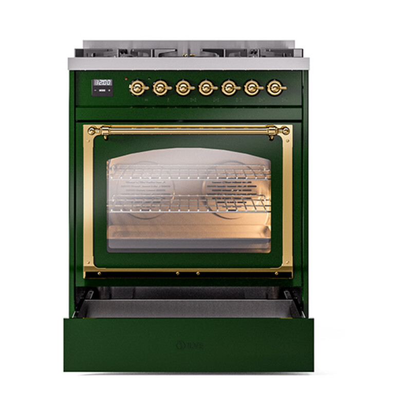 Nostalgie II Noblesse 30″ Dual Fuel Range  (Natural Gas, Triple Glass Door, Emerald Green, Brass) UN30NMPEGG