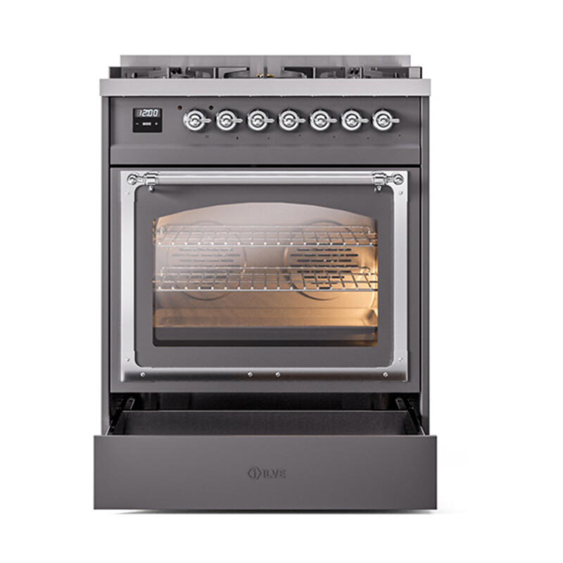 Nostalgie II Noblesse 30″ Dual Fuel Range (Natural Gas, Triple Glass Door, Graphite Matte, Chrome) UN30NMPMGC