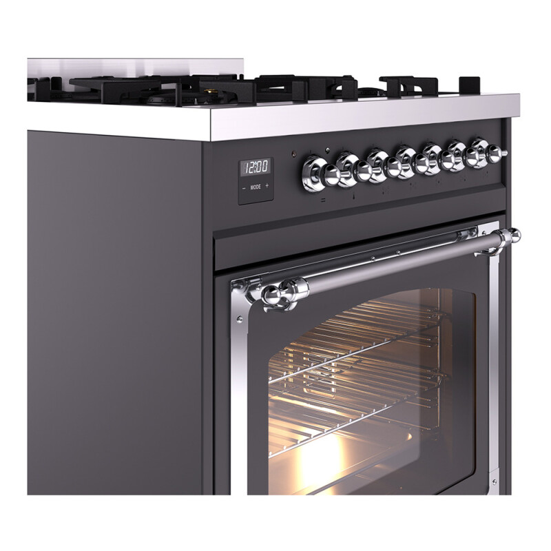 Nostalgie II Noblesse 30″ Dual Fuel Range (Natural Gas, Triple Glass Door, Graphite Matte, Chrome) UN30NMPMGC