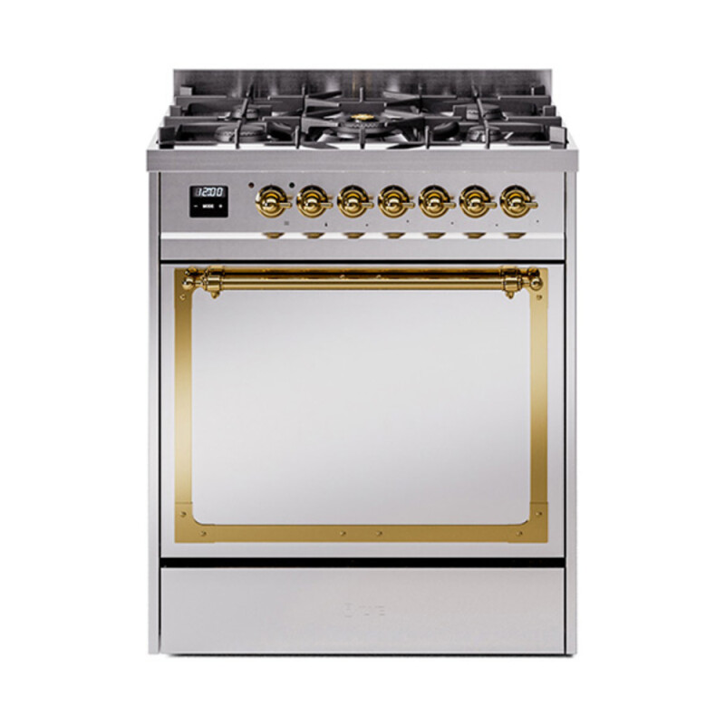 Nostalgie II Noblesse 30″ Dual Fuel Range  (Natural Gas, Solid Door, Stainless Steel, Brass) UN30QNMPSSG