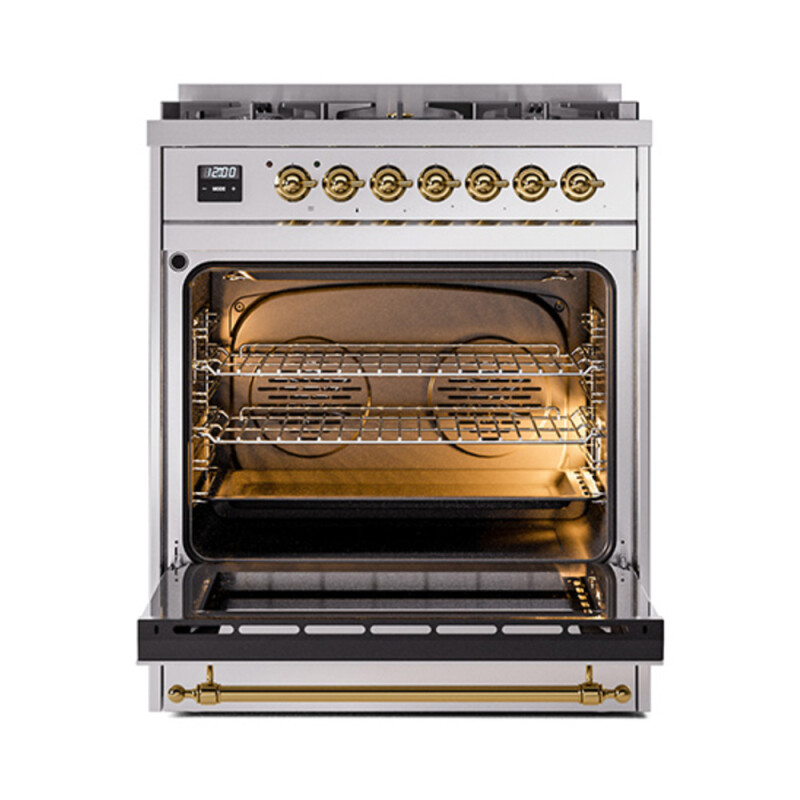Nostalgie II Noblesse 30″ Dual Fuel Range  (Natural Gas, Solid Door, Stainless Steel, Brass) UN30QNMPSSG