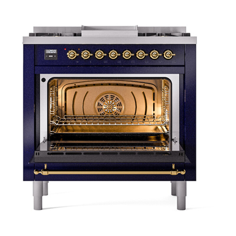 Nostalgie II Noblesse 36″ Dual Fuel Range (Natural Gas, Solid Door, Midnight Blue, Brass) UN36FQNMPMBG