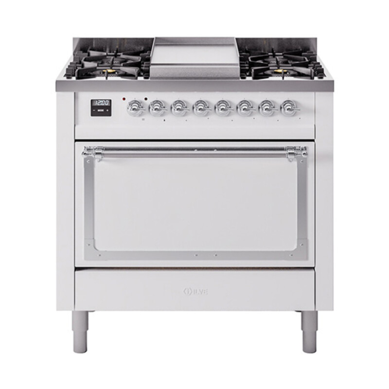 Nostalgie II Noblesse 36″ Dual Fuel Range (Natural Gas, Solid Door, White, Chrome) UN36FQNMPWHC