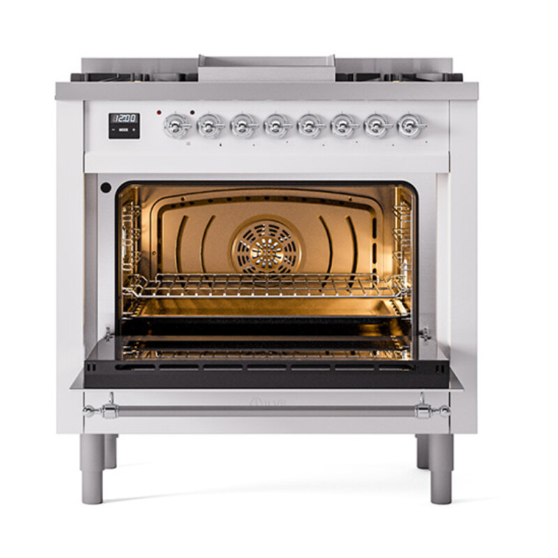 Nostalgie II Noblesse 36″ Dual Fuel Range (Natural Gas, Solid Door, White, Chrome) UN36FQNMPWHC