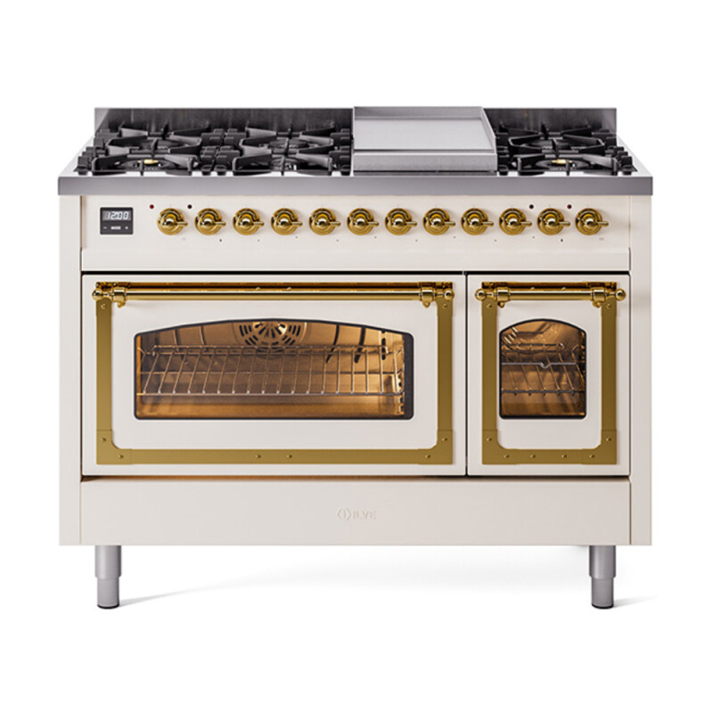 Nostalgie II Noblesse 48″ Dual Fuel Range  (8 Sealed Burners + Griddle, Natural Gas, Triple Glass Door, Antique White, Brass) UN48FNMPAWG