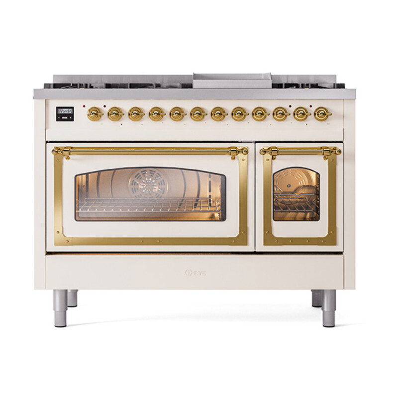 Nostalgie II Noblesse 48″ Dual Fuel Range  (8 Sealed Burners + Griddle, Natural Gas, Triple Glass Door, Antique White, Brass) UN48FNMPAWG