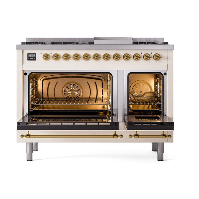Nostalgie II Noblesse 48″ Dual Fuel Range  (8 Sealed Burners + Griddle, Natural Gas, Triple Glass Door, Antique White, Brass) UN48FNMPAWG