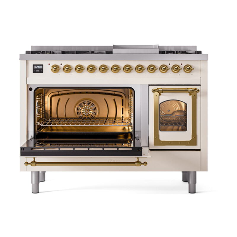 Nostalgie II Noblesse 48″ Dual Fuel Range  (8 Sealed Burners + Griddle, Natural Gas, Triple Glass Door, Antique White, Brass) UN48FNMPAWG