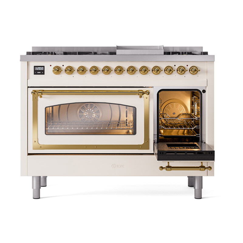 Nostalgie II Noblesse 48″ Dual Fuel Range  (8 Sealed Burners + Griddle, Natural Gas, Triple Glass Door, Antique White, Brass) UN48FNMPAWG