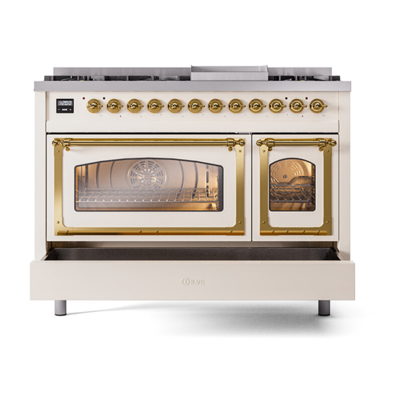 Nostalgie II Noblesse 48″ Dual Fuel Range  (8 Sealed Burners + Griddle, Natural Gas, Triple Glass Door, Antique White, Brass) UN48FNMPAWG