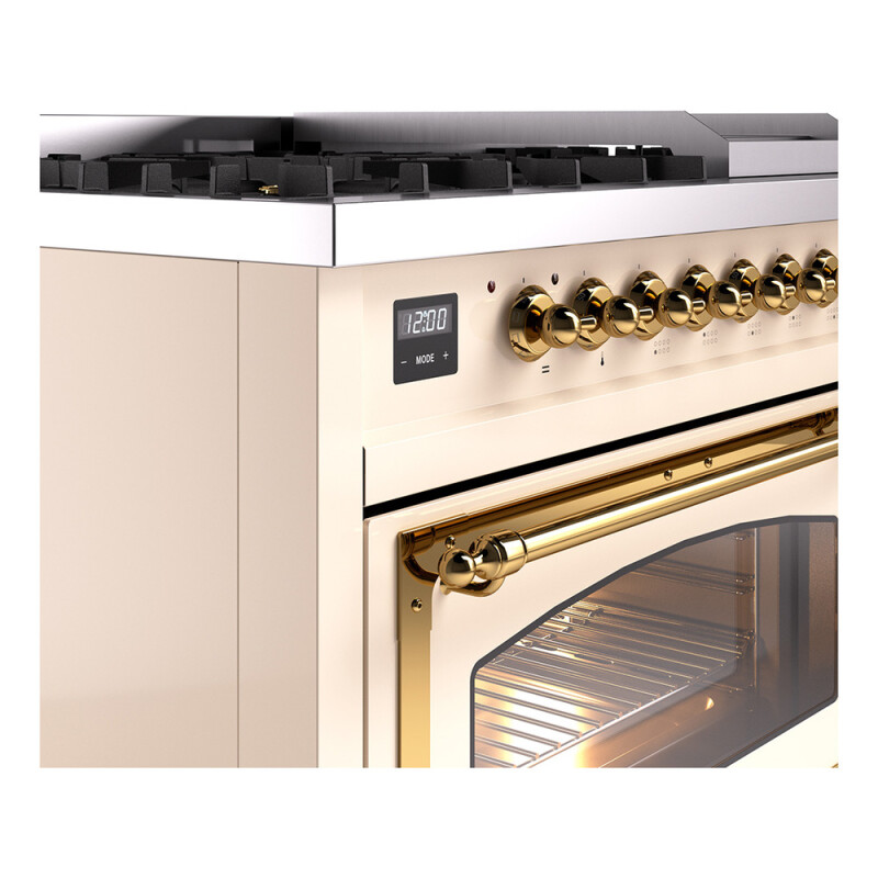 Nostalgie II Noblesse 48″ Dual Fuel Range  (8 Sealed Burners + Griddle, Natural Gas, Triple Glass Door, Antique White, Brass) UN48FNMPAWG