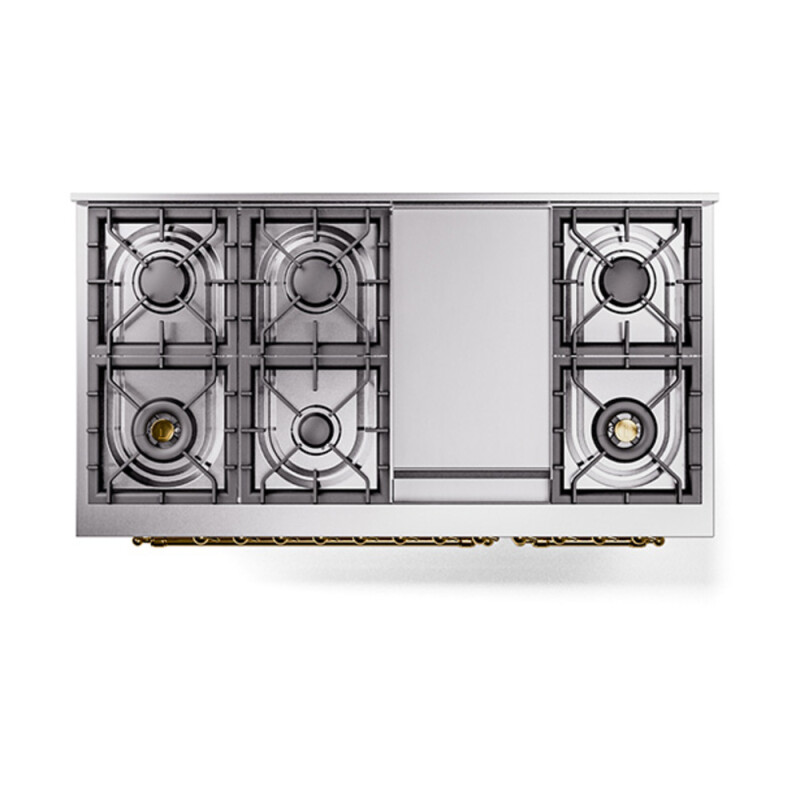 Nostalgie II Noblesse 48″ Dual Fuel Range  (8 Sealed Burners + Griddle, Natural Gas, Triple Glass Door, Antique White, Brass) UN48FNMPAWG