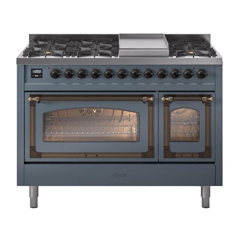 Nostalgie II Noblesse 48″ Dual Fuel Range  (8 Sealed Burners + Griddle, Natural Gas, Triple Glass Door, Blue Grey, Burnished) UN48FNMPBGB