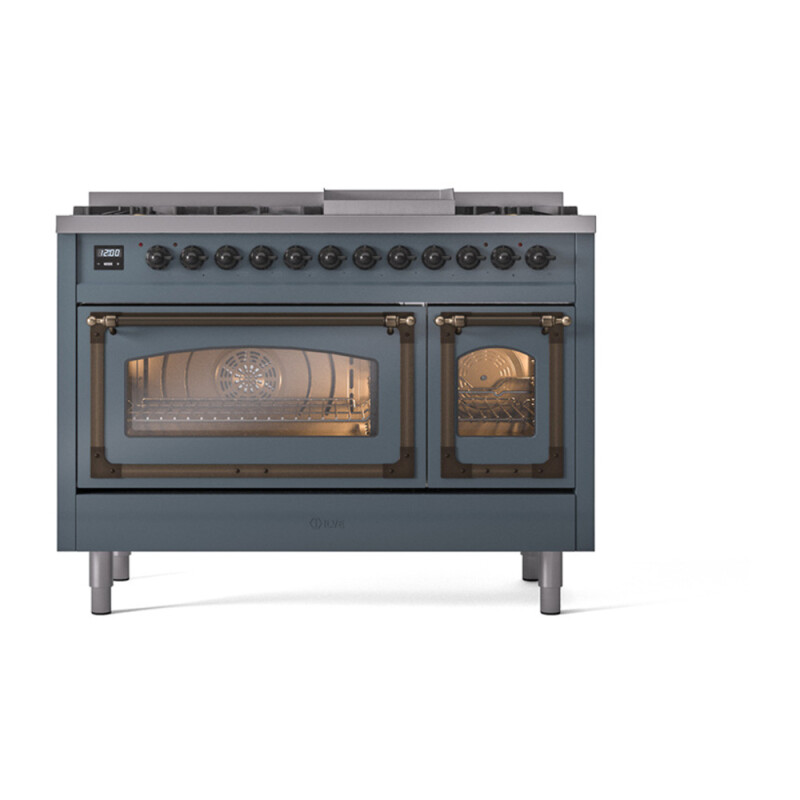Nostalgie II Noblesse 48″ Dual Fuel Range  (8 Sealed Burners + Griddle, Natural Gas, Triple Glass Door, Blue Grey, Burnished) UN48FNMPBGB