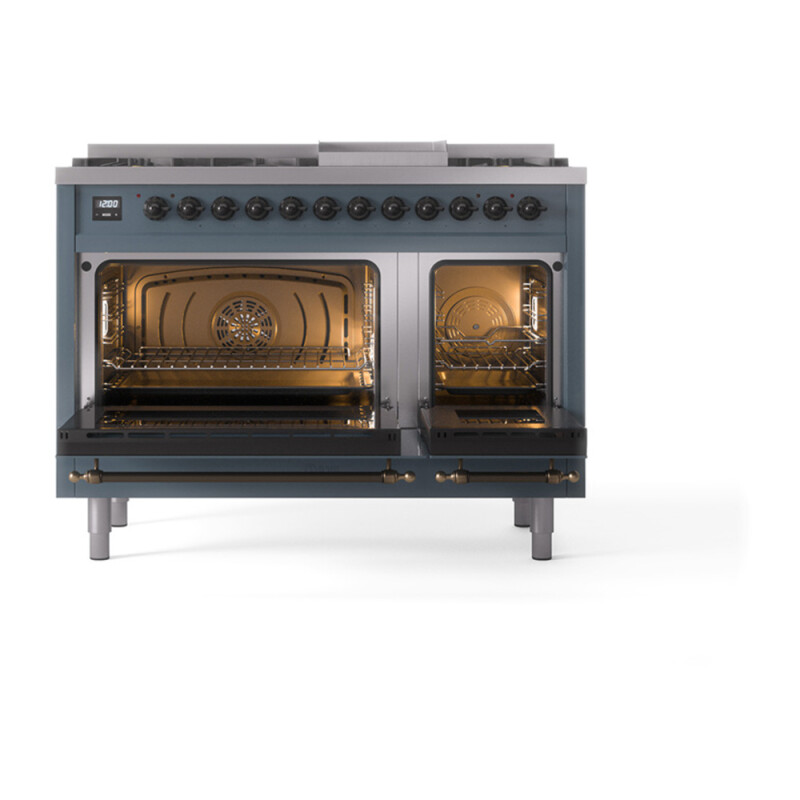 Nostalgie II Noblesse 48″ Dual Fuel Range  (8 Sealed Burners + Griddle, Natural Gas, Triple Glass Door, Blue Grey, Burnished) UN48FNMPBGB