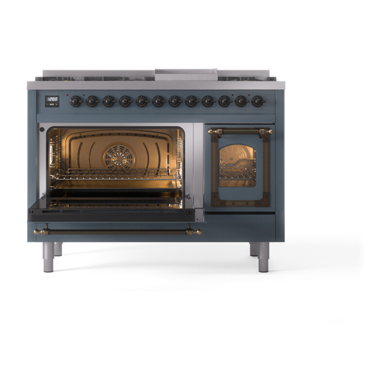 Nostalgie II Noblesse 48″ Dual Fuel Range  (8 Sealed Burners + Griddle, Natural Gas, Triple Glass Door, Blue Grey, Burnished) UN48FNMPBGB
