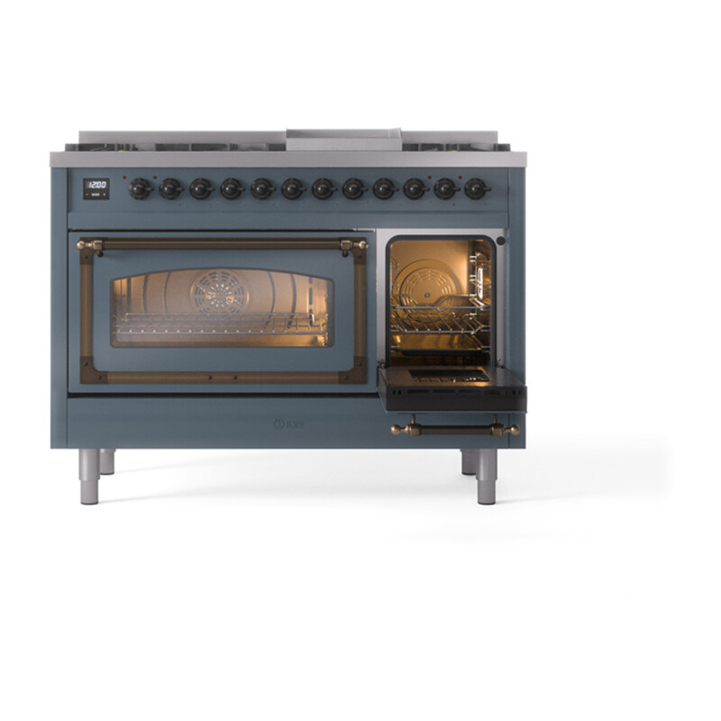 Nostalgie II Noblesse 48″ Dual Fuel Range  (8 Sealed Burners + Griddle, Natural Gas, Triple Glass Door, Blue Grey, Burnished) UN48FNMPBGB