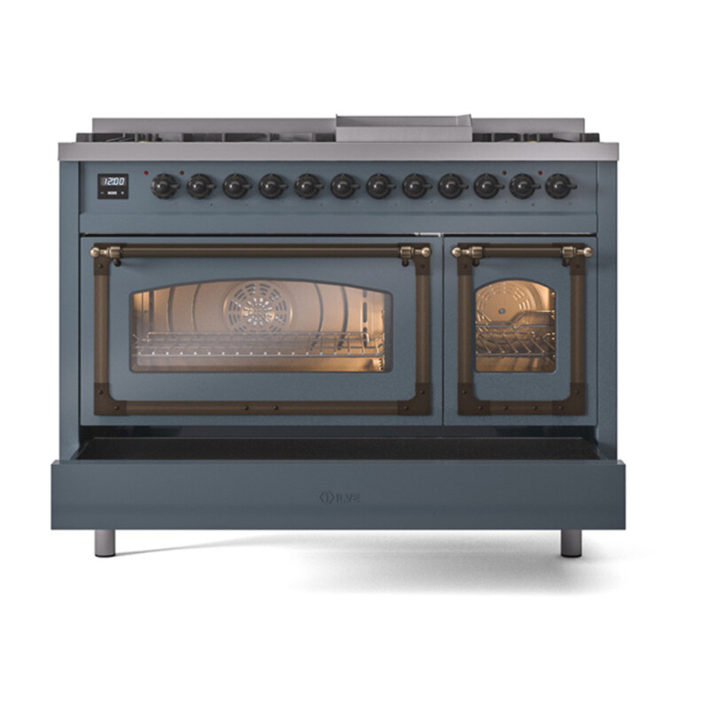 Nostalgie II Noblesse 48″ Dual Fuel Range  (8 Sealed Burners + Griddle, Natural Gas, Triple Glass Door, Blue Grey, Burnished) UN48FNMPBGB