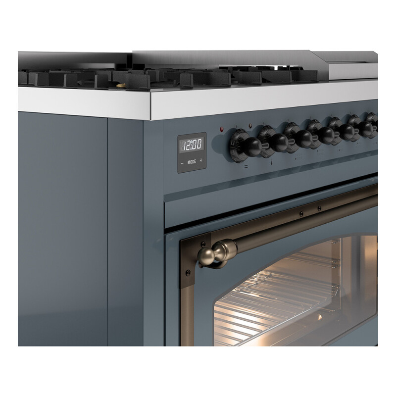 Nostalgie II Noblesse 48″ Dual Fuel Range  (8 Sealed Burners + Griddle, Natural Gas, Triple Glass Door, Blue Grey, Burnished) UN48FNMPBGB