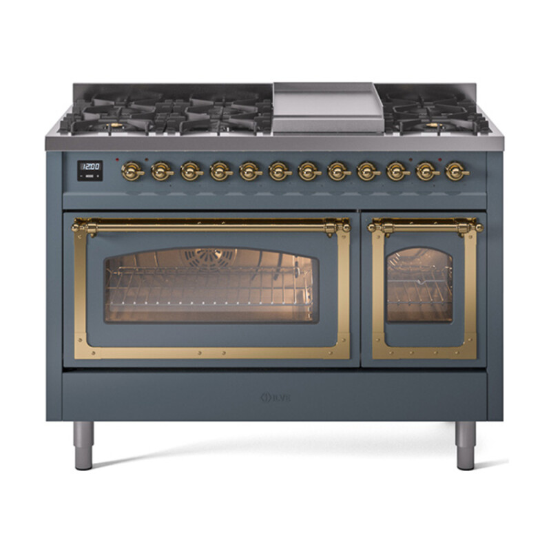 Nostalgie II Noblesse 48″ Dual Fuel Range  (8 Sealed Burners + Griddle, Natural Gas, Triple Glass Door, Blue Grey, Brass) UN48FNMPBGG