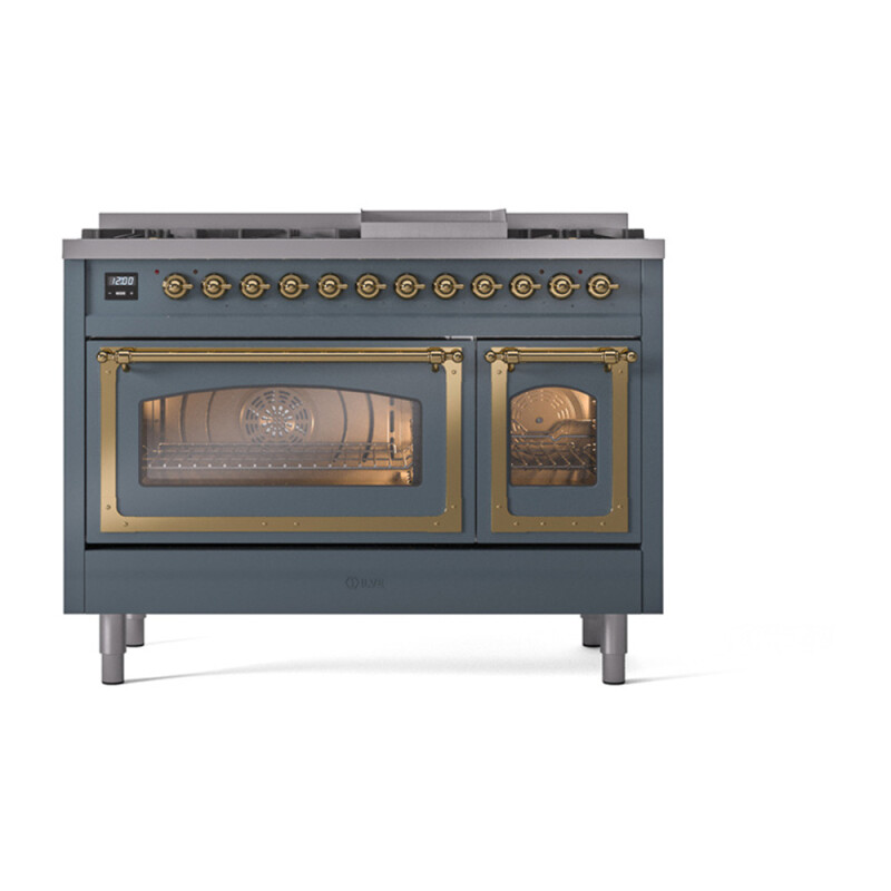 Nostalgie II Noblesse 48″ Dual Fuel Range  (8 Sealed Burners + Griddle, Natural Gas, Triple Glass Door, Blue Grey, Brass) UN48FNMPBGG