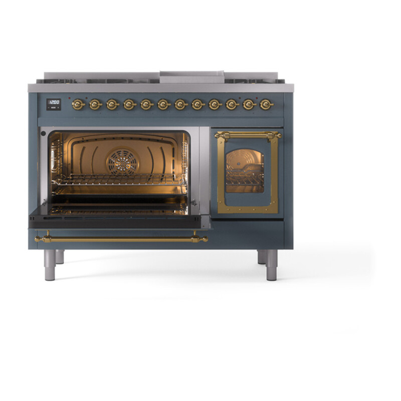 Nostalgie II Noblesse 48″ Dual Fuel Range  (8 Sealed Burners + Griddle, Natural Gas, Triple Glass Door, Blue Grey, Brass) UN48FNMPBGG