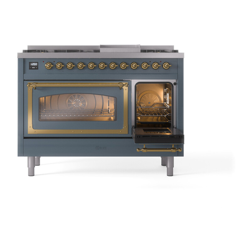 Nostalgie II Noblesse 48″ Dual Fuel Range  (8 Sealed Burners + Griddle, Natural Gas, Triple Glass Door, Blue Grey, Brass) UN48FNMPBGG