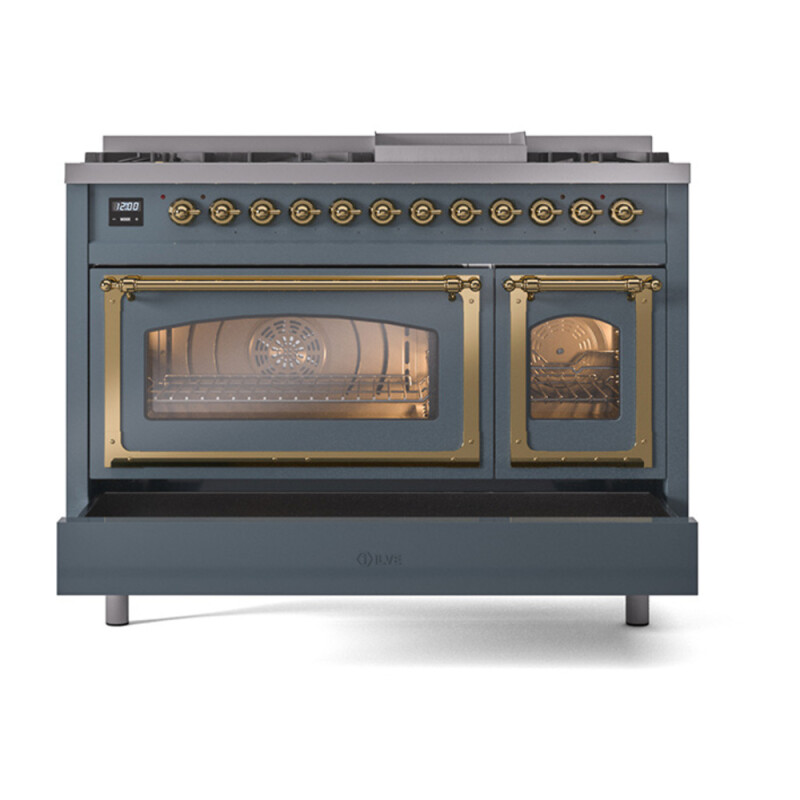 Nostalgie II Noblesse 48″ Dual Fuel Range  (8 Sealed Burners + Griddle, Natural Gas, Triple Glass Door, Blue Grey, Brass) UN48FNMPBGG