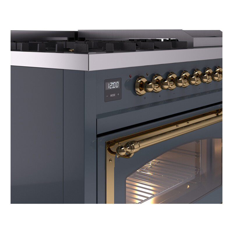 Nostalgie II Noblesse 48″ Dual Fuel Range  (8 Sealed Burners + Griddle, Natural Gas, Triple Glass Door, Blue Grey, Brass) UN48FNMPBGG