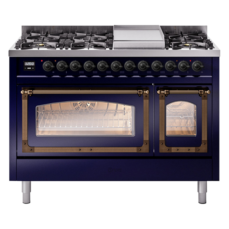 Nostalgie II Noblesse 48″ Dual Fuel Range (8 Sealed Burners + Griddle, Liquid Propane, Triple Glass Door, Midnight Blue, Burnished) UN48FNMPMBBLP