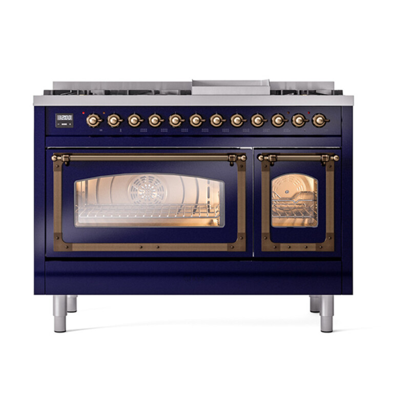 Nostalgie II Noblesse 48″ Dual Fuel Range (8 Sealed Burners + Griddle, Liquid Propane, Triple Glass Door, Midnight Blue, Burnished) UN48FNMPMBBLP