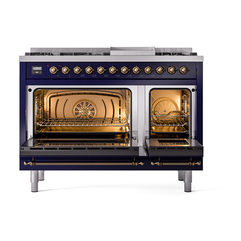 Nostalgie II Noblesse 48″ Dual Fuel Range (8 Sealed Burners + Griddle, Liquid Propane, Triple Glass Door, Midnight Blue, Burnished) UN48FNMPMBBLP