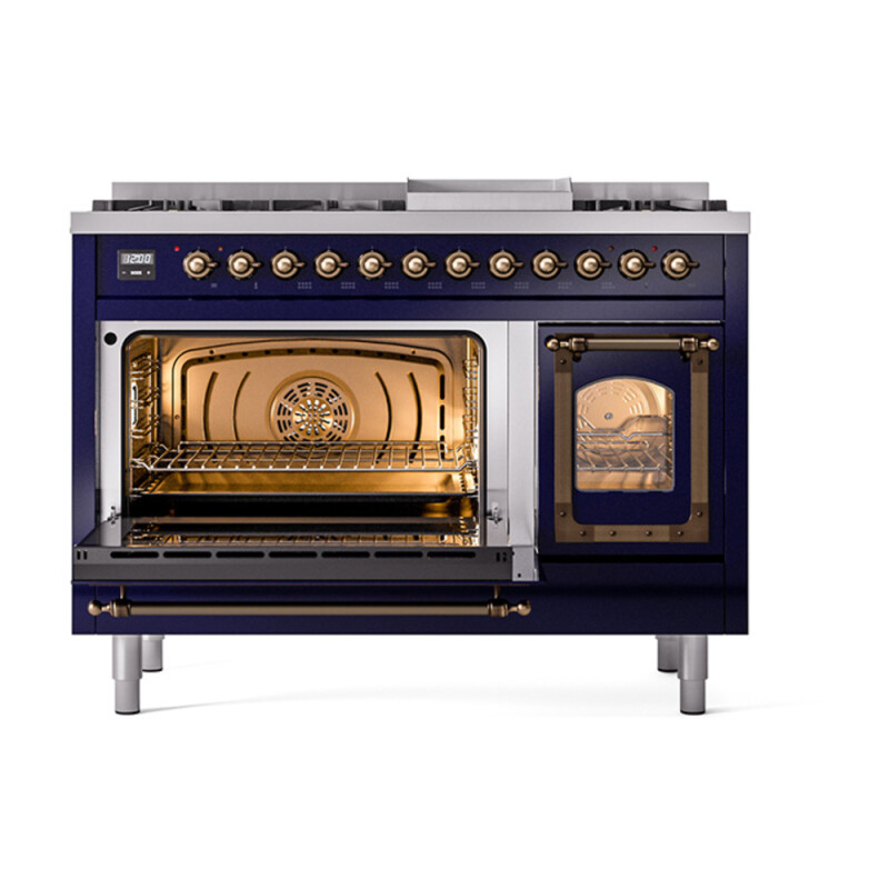 Nostalgie II Noblesse 48″ Dual Fuel Range (8 Sealed Burners + Griddle, Liquid Propane, Triple Glass Door, Midnight Blue, Burnished) UN48FNMPMBBLP