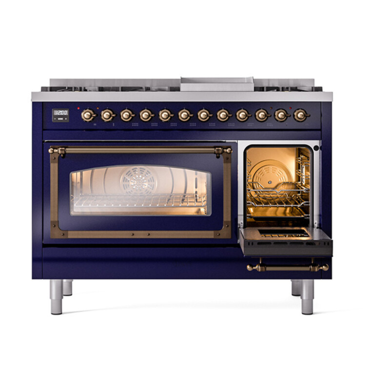 Nostalgie II Noblesse 48″ Dual Fuel Range (8 Sealed Burners + Griddle, Liquid Propane, Triple Glass Door, Midnight Blue, Burnished) UN48FNMPMBBLP
