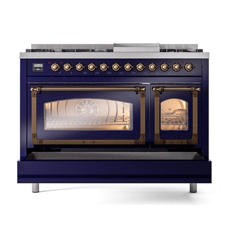 Nostalgie II Noblesse 48″ Dual Fuel Range (8 Sealed Burners + Griddle, Liquid Propane, Triple Glass Door, Midnight Blue, Burnished) UN48FNMPMBBLP