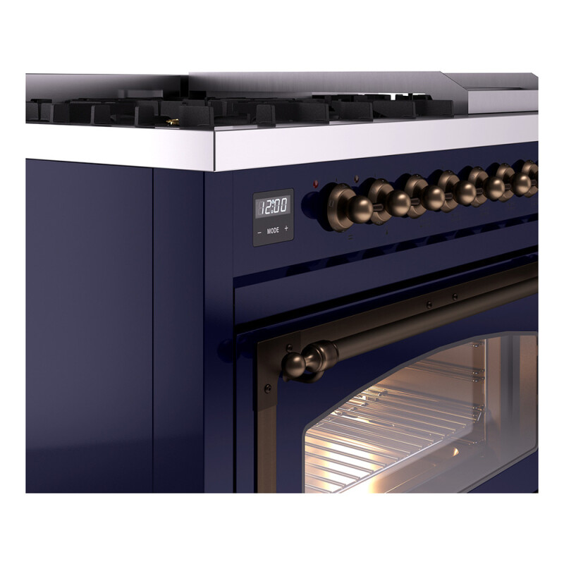 Nostalgie II Noblesse 48″ Dual Fuel Range (8 Sealed Burners + Griddle, Liquid Propane, Triple Glass Door, Midnight Blue, Burnished) UN48FNMPMBBLP